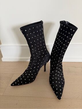 Paris Texas Black Studded Pointed Toe Mid-Calf Stiletto Boots